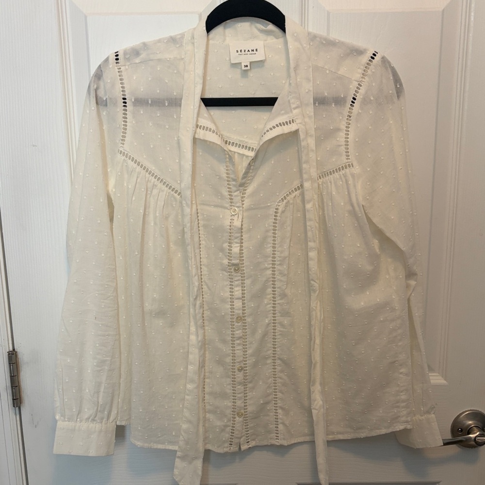 Sezane Cream Swiss Dot Tie-Neck Blouse with Lace Panels